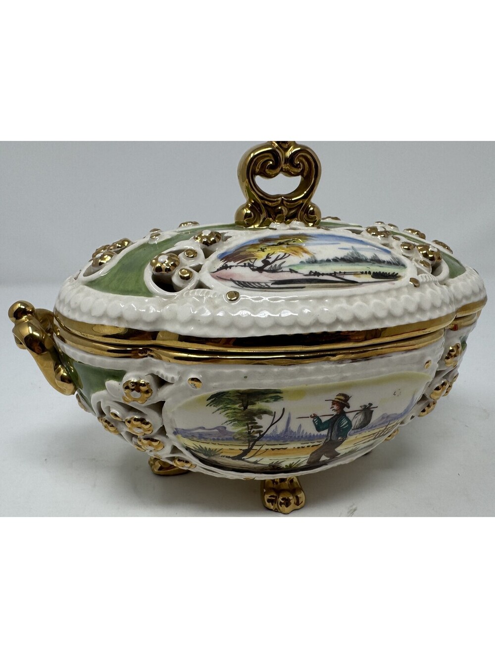 Vintage Decor Porcelain Trinket Bowl Hand-Painted Scenic Designs and Gold Italy